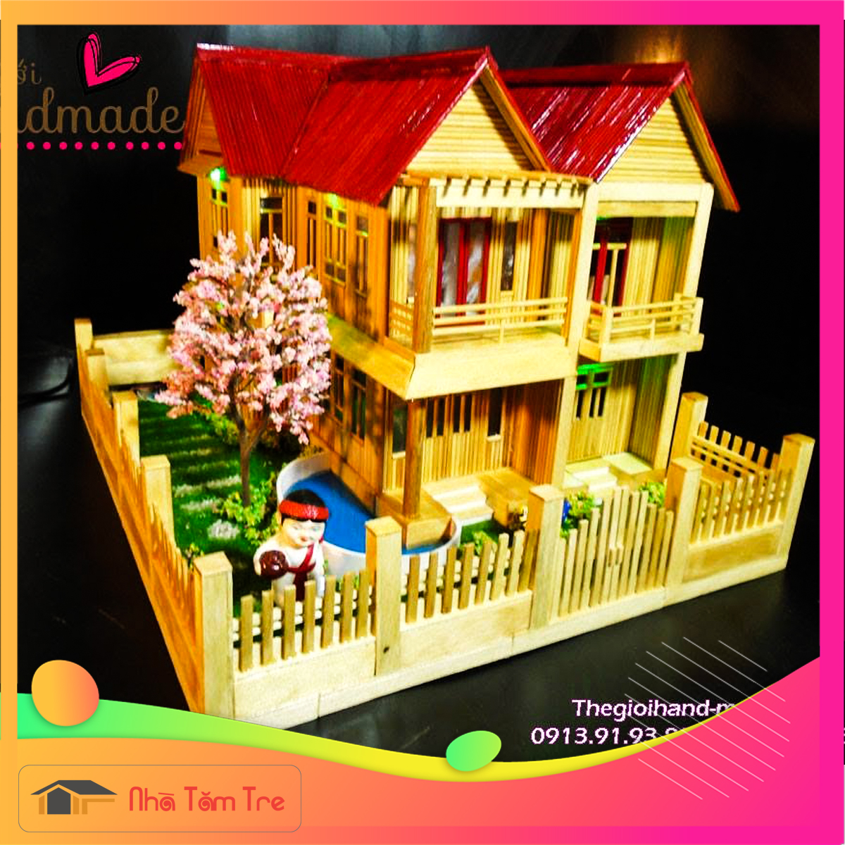 mô hình nhà, mô hình nhà tăm tre 2 tầng, mô hình nhà theo yêu cầu, mô hình nhà tăm tre đẹp, mô hình trang trí để bàn đẹp